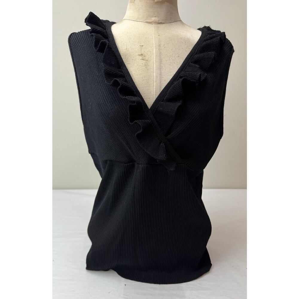 Vintage Y2K Cinched Basic Black V-Neck Ruffled Ribbed Black Blouse Large